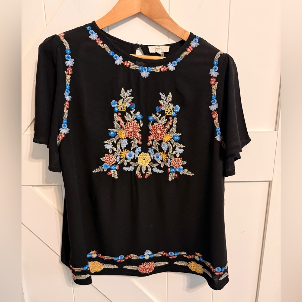 Entro Embroidered Floral Blouse Women’s Large Boho Flowly Sleeve